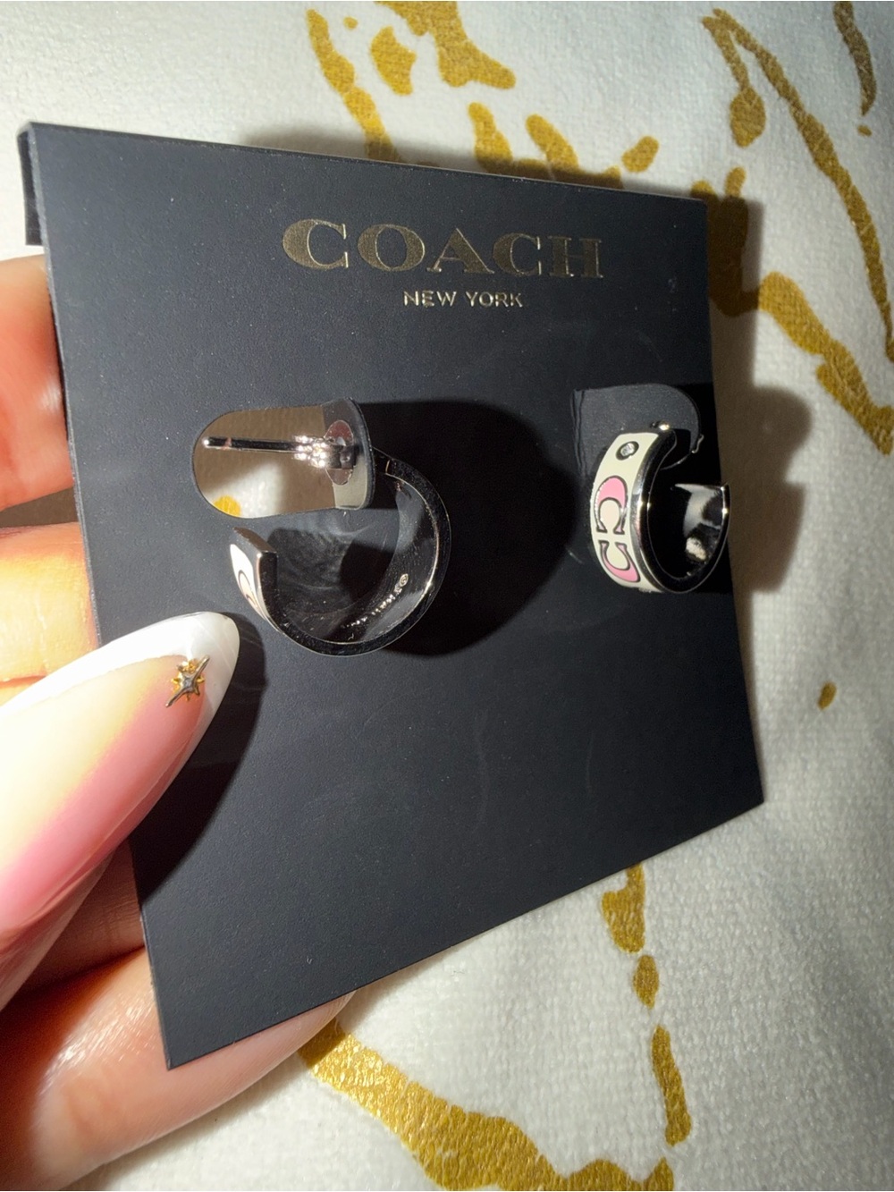 Coach White and Pink Crystal Signature C Hoop Earrings - Picture 5 of 8